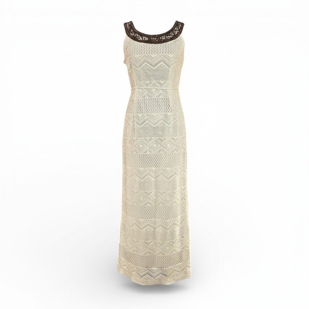 Studio One NY Ivory Crochet Maxi Dress 2P Beaded Collar Boho